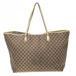 Pre Owned Gucci Beige/Yellow GG Canvas and Patent Leather Oversize Guccioli Oliver Embroidery Tote