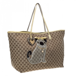 Pre Owned Gucci Beige/Yellow GG Canvas and Patent Leather Oversize Guccioli Oliver Embroidery Tote