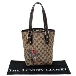 مملوكة مسبقًا Gucci Beige/Brown Mushroom Embroidered GG Canvas Tote