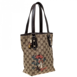 مملوكة مسبقًا Gucci Beige/Brown Mushroom Embroidered GG Canvas Tote