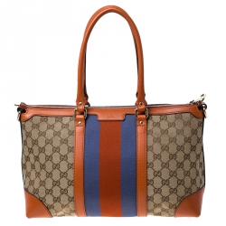 Pre Owned حقيبة غوتشي ويب تريشر كبيرة جلد وكانفاس برتقالية/بيج GG و جلد