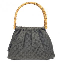 Pre Owned Gucci Denim Bag With Wooden Bamboo