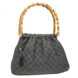 Pre Owned Gucci Denim Bag With Wooden Bamboo
