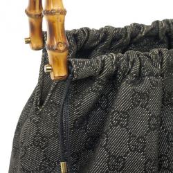 Pre Owned Gucci Denim Bag With Wooden Bamboo