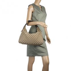 Pre Owned Gucci Navy Beige GG Canvas Medium Horsebit Hobo 