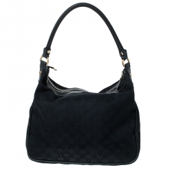 Pre Owned Gucci Black GG Canvas and Leather D Ring Abbey Hobo