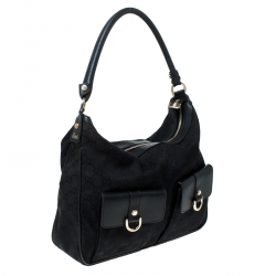 Pre Owned Gucci Black GG Canvas and Leather D Ring Abbey Hobo
