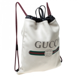 Pre Owned Gucci Cream Drawstring Print Leather Backpack