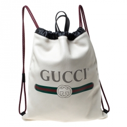 Pre Owned Gucci Cream Drawstring Print Leather Backpack