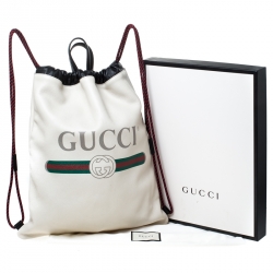 Pre Owned Gucci Cream Drawstring Print Leather Backpack