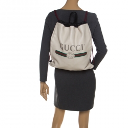 Pre Owned Gucci Cream Drawstring Print Leather Backpack