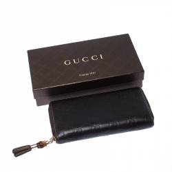 Pre Owned Gucci Dark Brown Guccissima Leather Bamboo Tassel Zip Around Wallet