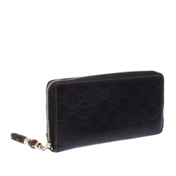 Pre Owned Gucci Dark Brown Guccissima Leather Bamboo Tassel Zip Around Wallet