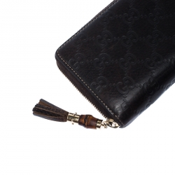 Pre Owned Gucci Dark Brown Guccissima Leather Bamboo Tassel Zip Around Wallet