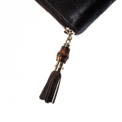 Pre Owned Gucci Dark Brown Guccissima Leather Bamboo Tassel Zip Around Wallet