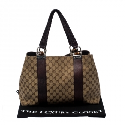 Pre Owned Gucci Beige/Purple GG Canvas Medium Bamboo Bar Tote