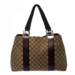 Pre Owned Gucci Beige/Purple GG Canvas Medium Bamboo Bar Tote