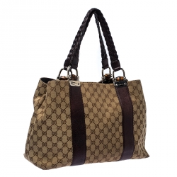 Pre Owned Gucci Beige/Purple GG Canvas Medium Bamboo Bar Tote