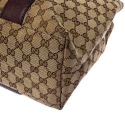 Pre Owned Gucci Beige/Purple GG Canvas Medium Bamboo Bar Tote