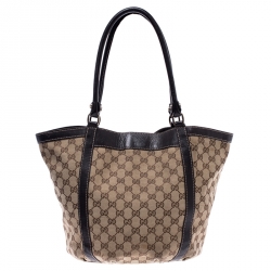 Pre Owned Gucci Beige/Dark Brown GG Canvas and Leather D Ring Tote