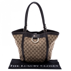 Pre Owned Gucci Beige/Dark Brown GG Canvas and Leather D Ring Tote