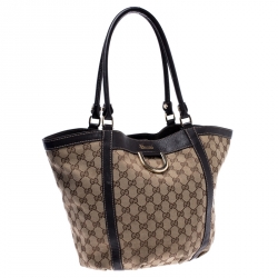 Pre Owned Gucci Beige/Dark Brown GG Canvas and Leather D Ring Tote