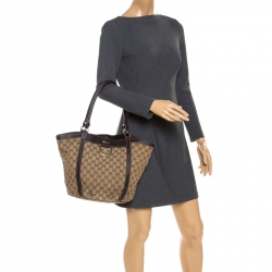 Pre Owned Gucci Beige/Dark Brown GG Canvas and Leather D Ring Tote