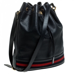 Pre Owned Gucci Black Web Leather Drawstring Bucket Bag