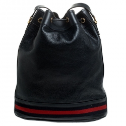 Pre Owned Gucci Black Web Leather Drawstring Bucket Bag