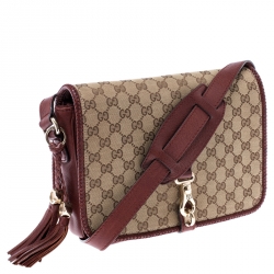 مملوكة مسبقًا حقيبة ماسنجر غوتشي مراكش كانفاس شراشيب GG بيج/ حمراء داكنة