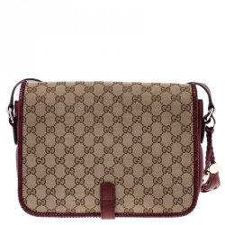 مملوكة مسبقًا حقيبة ماسنجر غوتشي مراكش كانفاس شراشيب GG بيج/ حمراء داكنة