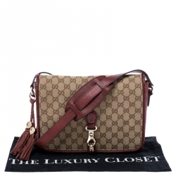 مملوكة مسبقًا حقيبة ماسنجر غوتشي مراكش كانفاس شراشيب GG بيج/ حمراء داكنة