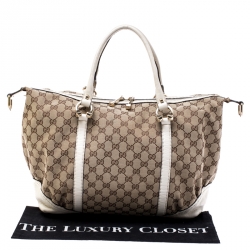 Pre Owned حقيبة غوتشي Nail Boston هورسبيت متوسطة جلد وكانفاس GG كريمية/ بيج