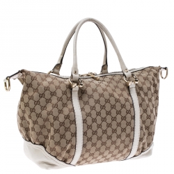 Pre Owned حقيبة غوتشي Nail Boston هورسبيت متوسطة جلد وكانفاس GG كريمية/ بيج