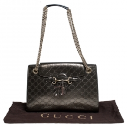 Pre Owned حقيبة كتف غوتشي سلسلة إميلي كبيرة جلد لامع غوتشيسيما خضراء زيتونية