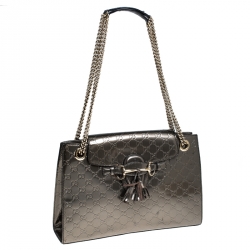 Pre Owned حقيبة كتف غوتشي سلسلة إميلي كبيرة جلد لامع غوتشيسيما خضراء زيتونية