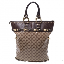Pre Owned Gucci Beige/Brown GG Crystal Canvas and Leather Medium Babouska Studded Tote
