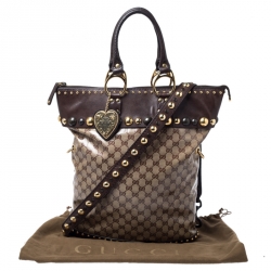 Pre Owned Gucci Beige/Brown GG Crystal Canvas and Leather Medium Babouska Studded Tote