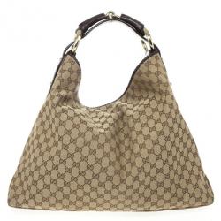 Pre Owned Gucci Beige/Ebony GG Canvas Horsebit Large Hobo Bag