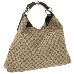 Pre Owned Gucci Beige/Ebony GG Canvas Horsebit Large Hobo Bag