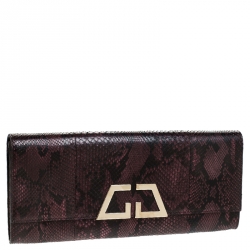 Pre Owned Gucci Burgundy/Black Snakeskin G Night Flap Clutch