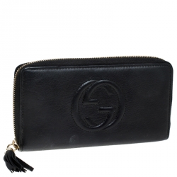 Gucci Black Leather Tassel Zip Around Wallet
