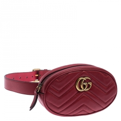 Pre Owned Gucci Red Matelassé Leather GG Marmont Belt Bag