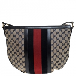 Pre Owned Gucci Blue GG Canvas and Leather Web Messenger Bag