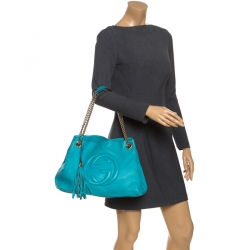 Pre Owned Gucci Turquoise Pebbled Leather Medium Soho Tote