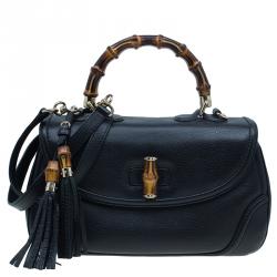 Pre Owned Gucci Black Leather Large Bamboo Top Handle Bag