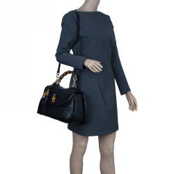 Pre Owned Gucci Black Leather Large Bamboo Top Handle Bag