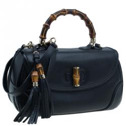 Pre Owned Gucci Black Leather Large Bamboo Top Handle Bag