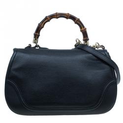 Pre Owned Gucci Black Leather Large Bamboo Top Handle Bag