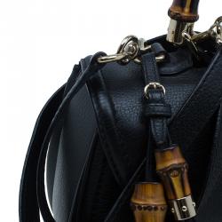 Pre Owned Gucci Black Leather Large Bamboo Top Handle Bag
